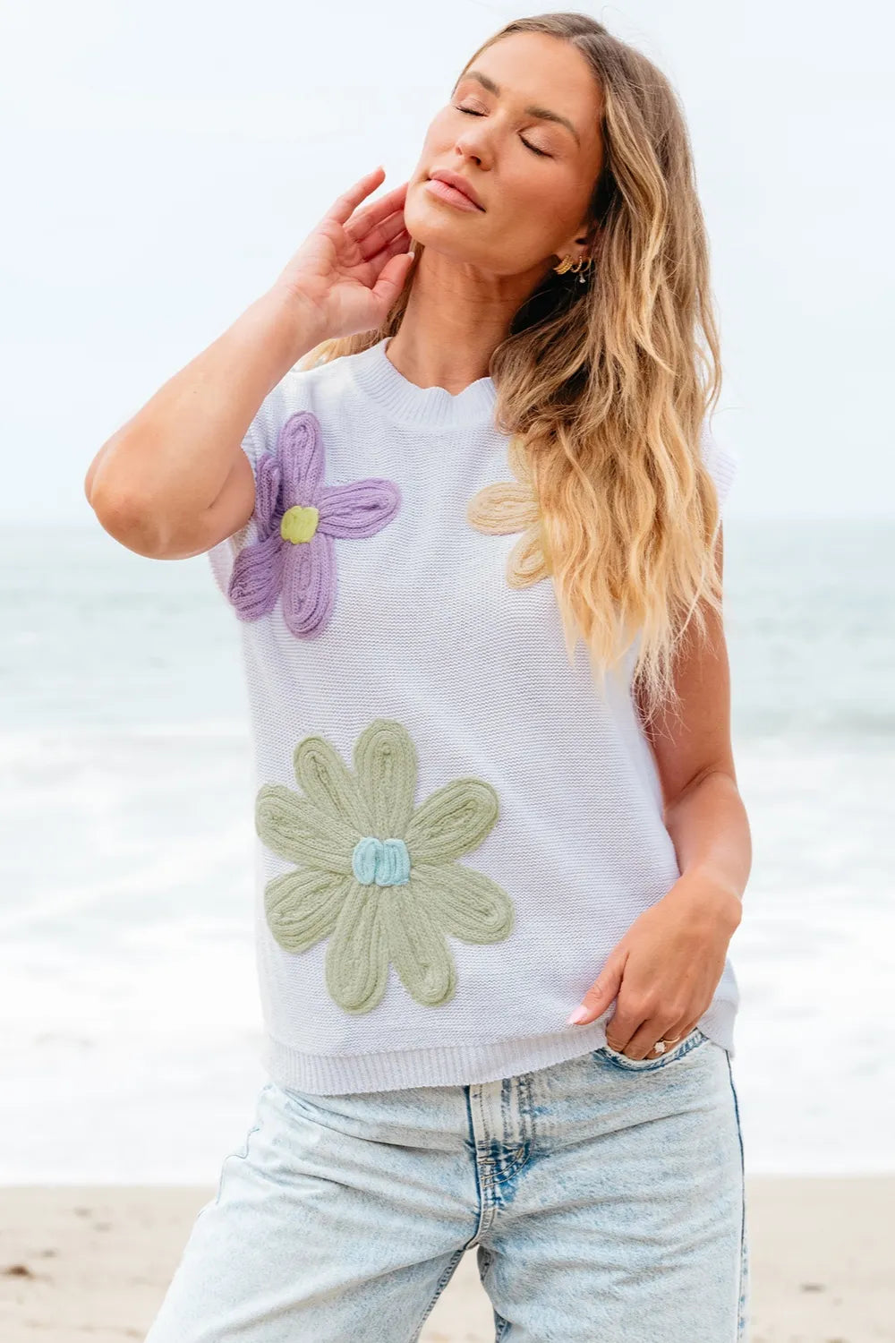 Crochet Flower Round Neck Sweater Vest in White and Dusty Pink side view