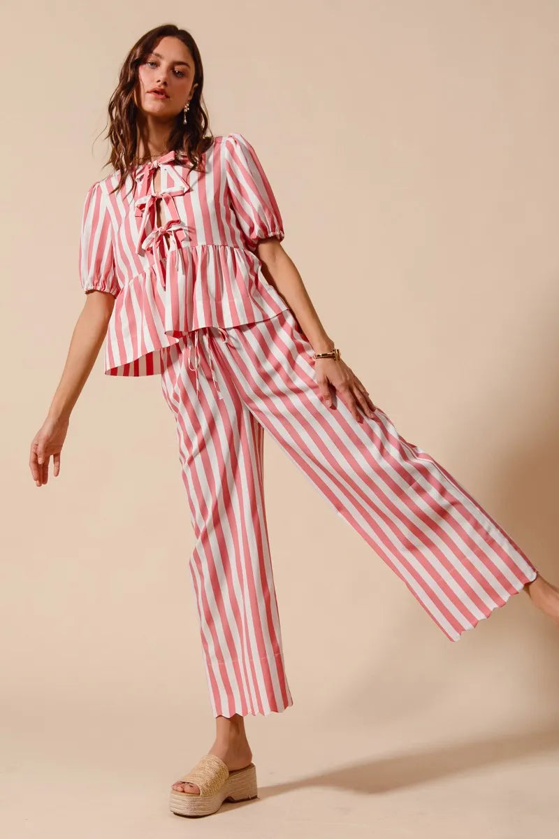 SO ME Front Tie Stripe Top With Puff Sleeves and Wide Leg Pants Set - Fashorio