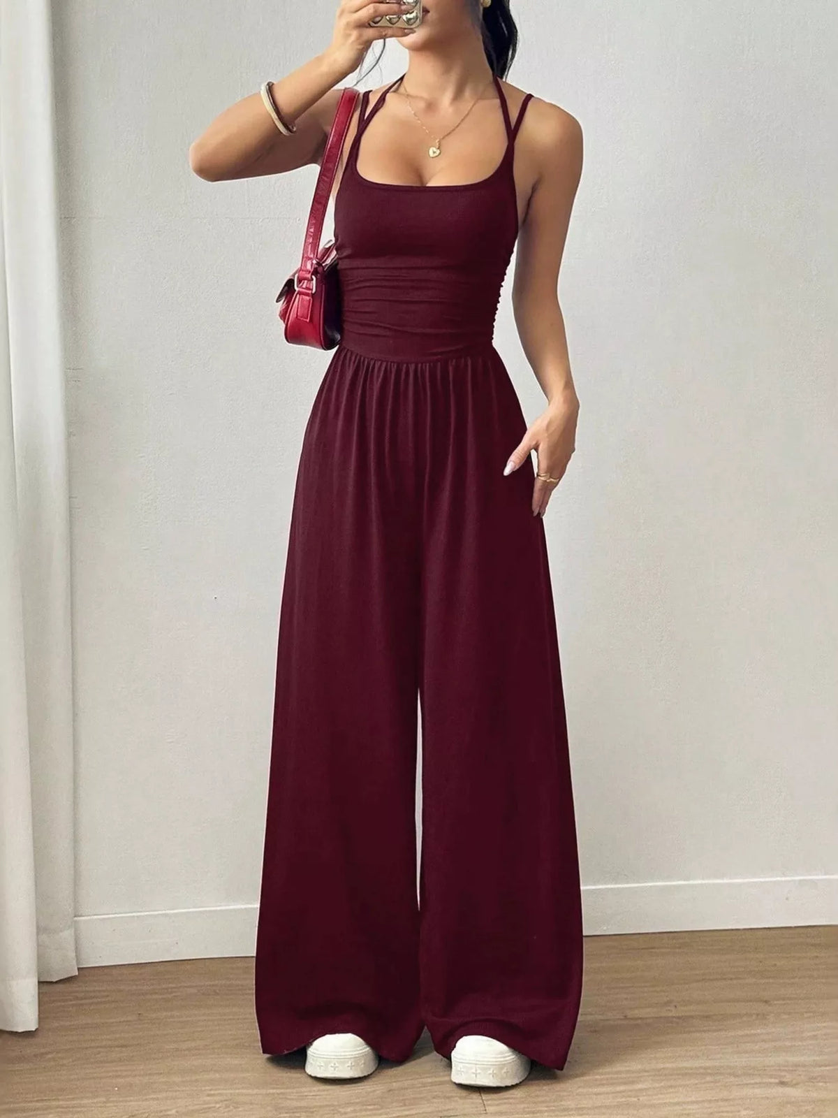 Light gray spaghetti strap jumpsuit front view
