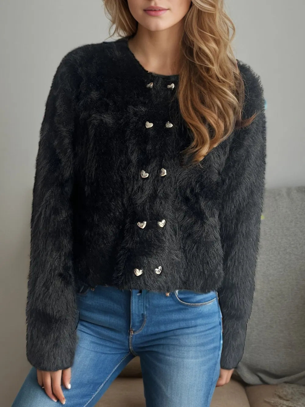 Heart Button Round Neck Cardigan Black One Size - Fashorio