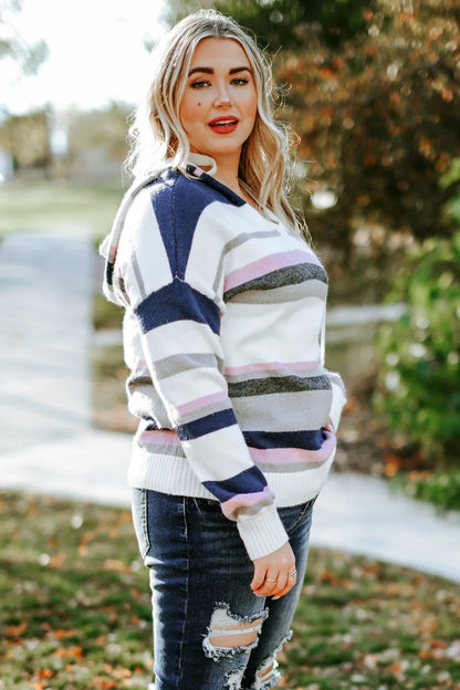 Plus Size Striped Long Sleeve Hooded Sweater - Fashorio