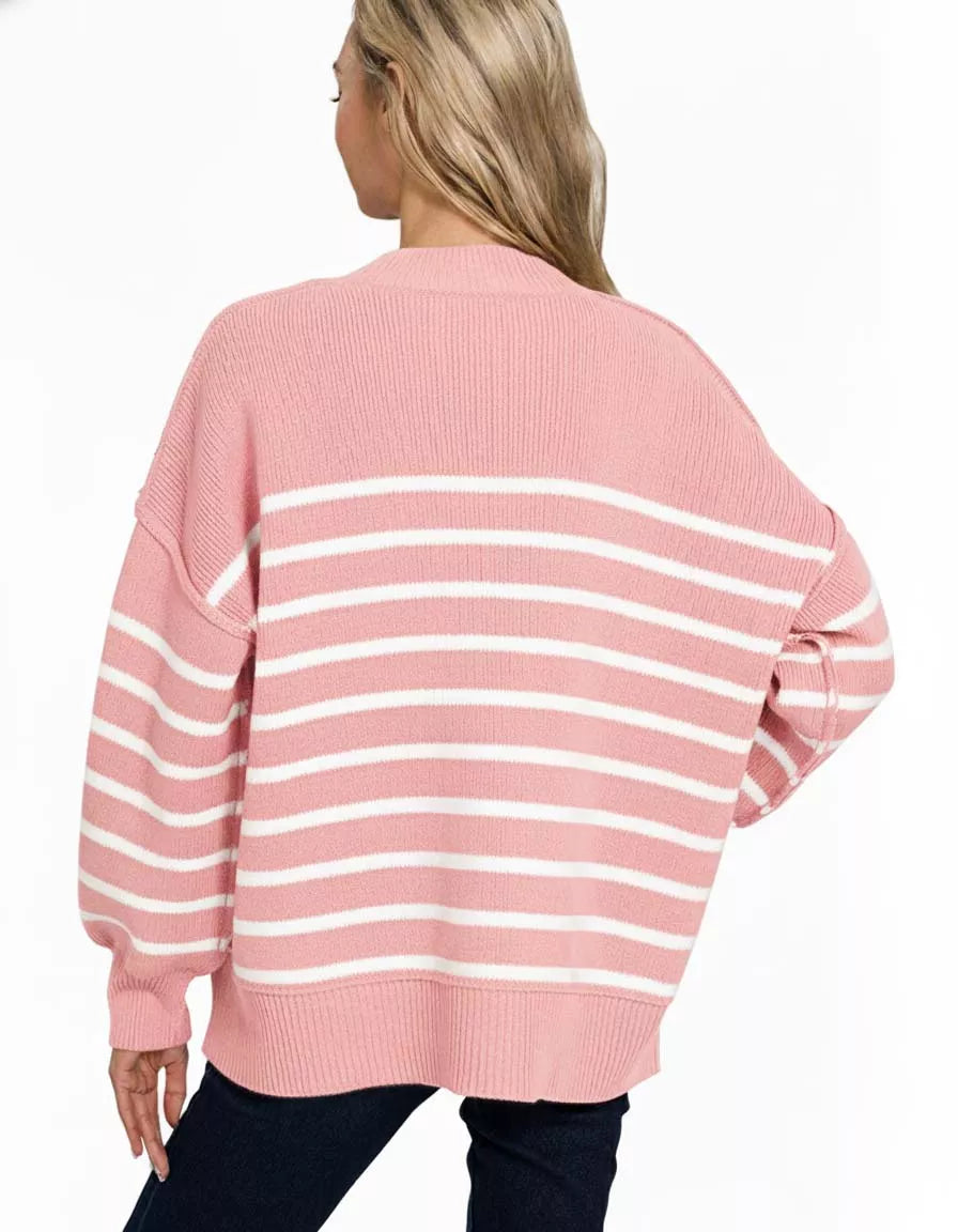 Exposed Seam Striped Oversized Sweater in Pink side view