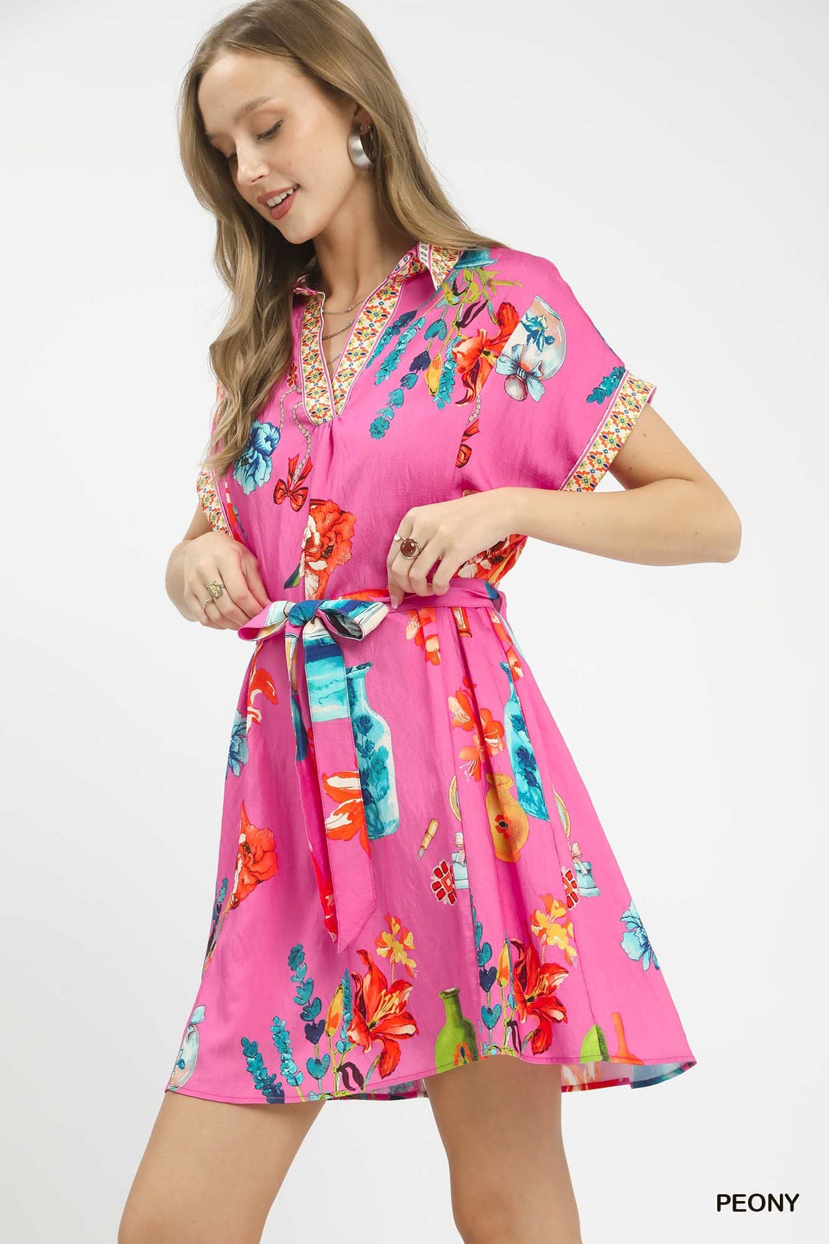 Floral Print Belted Mini Dress in Peony back view