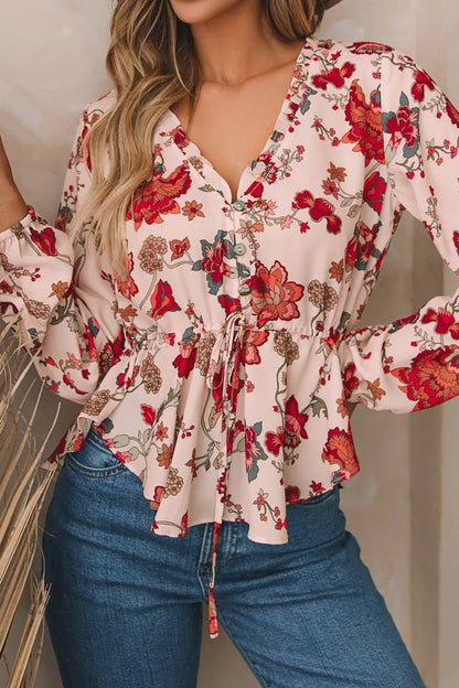 Floral V-Neck Drawstring Peplum Blouse - Fashorio
