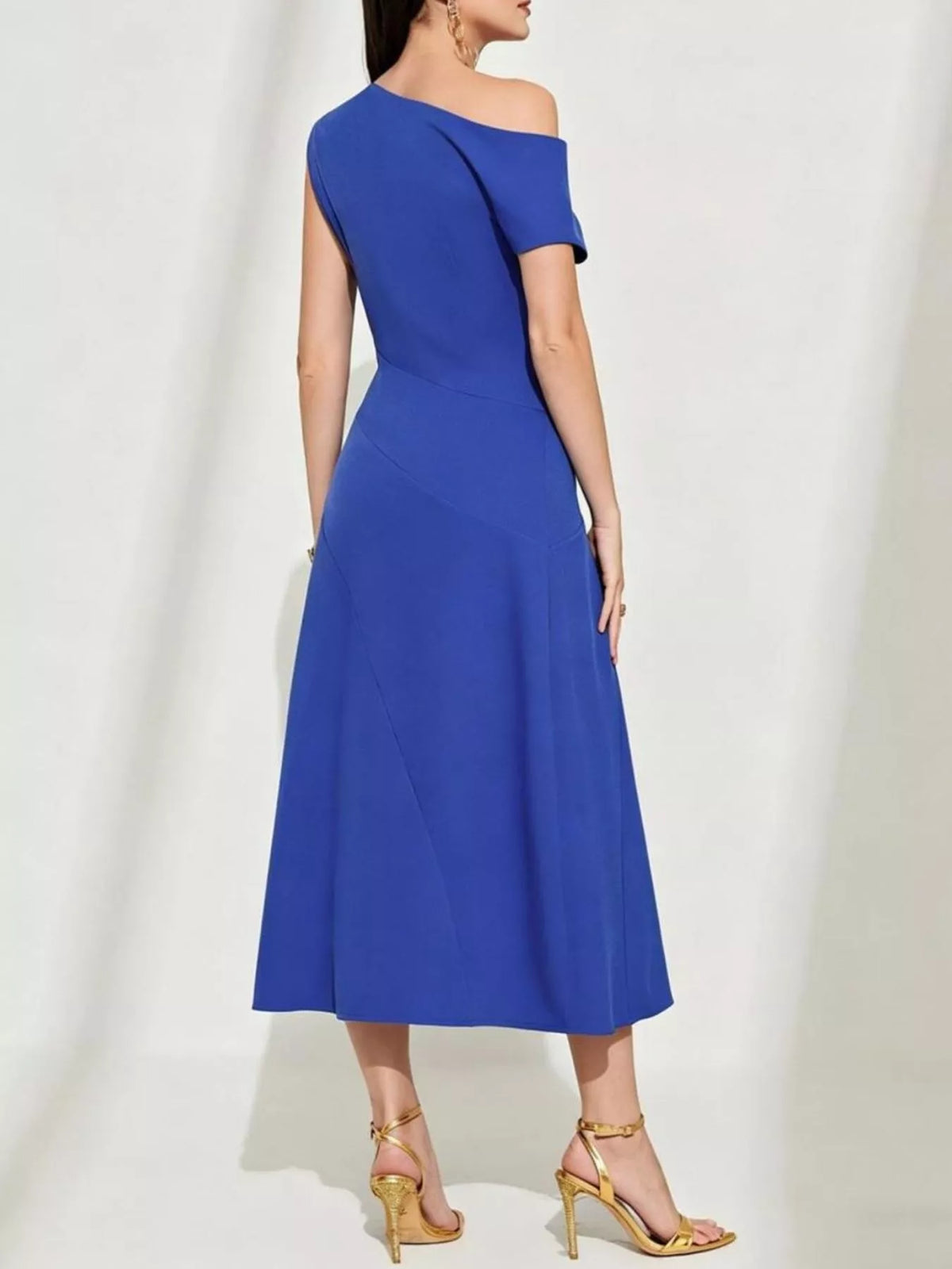 one shoulder midi dress in royal blue styled look