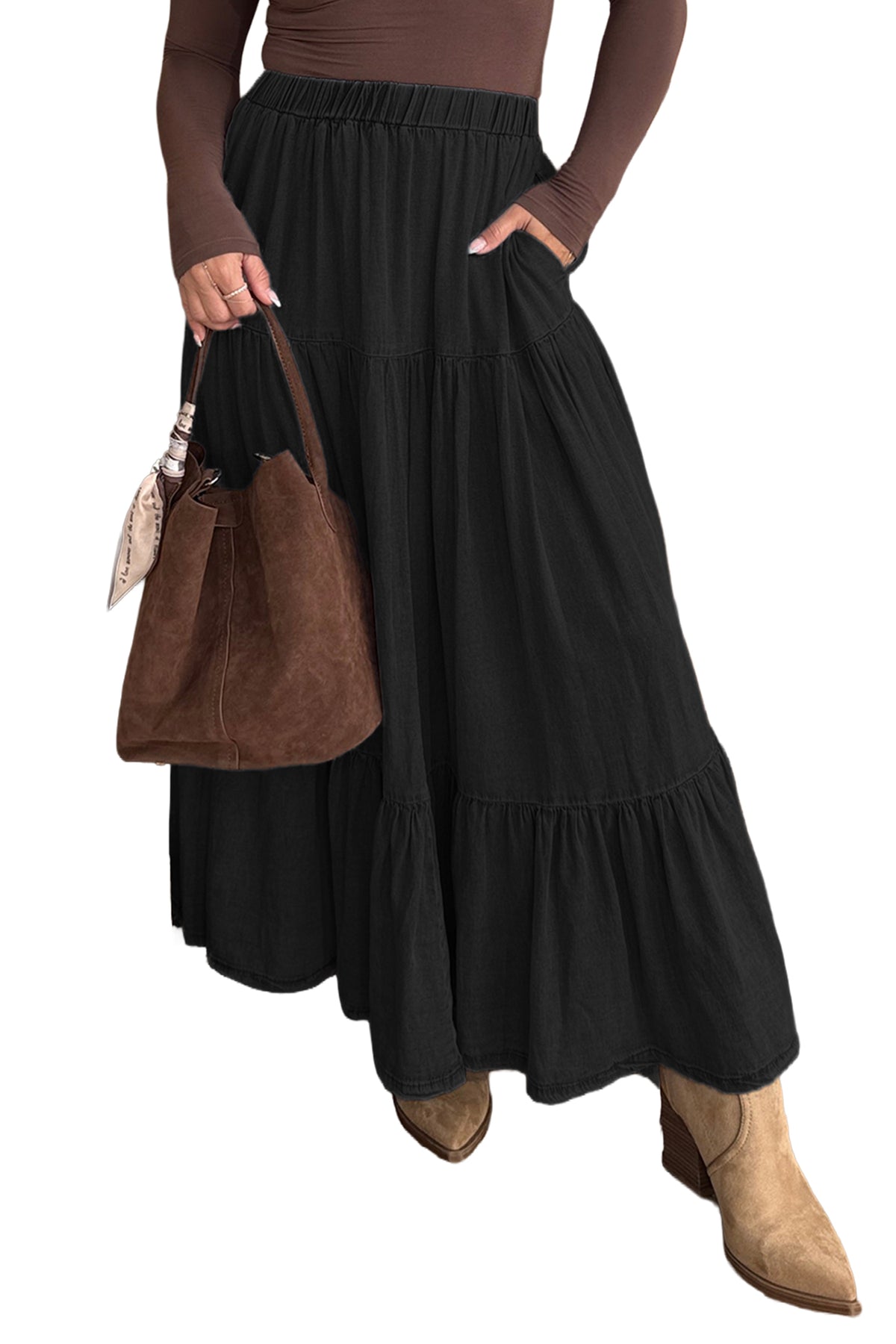 Tier detail of flared denim maxi skirt