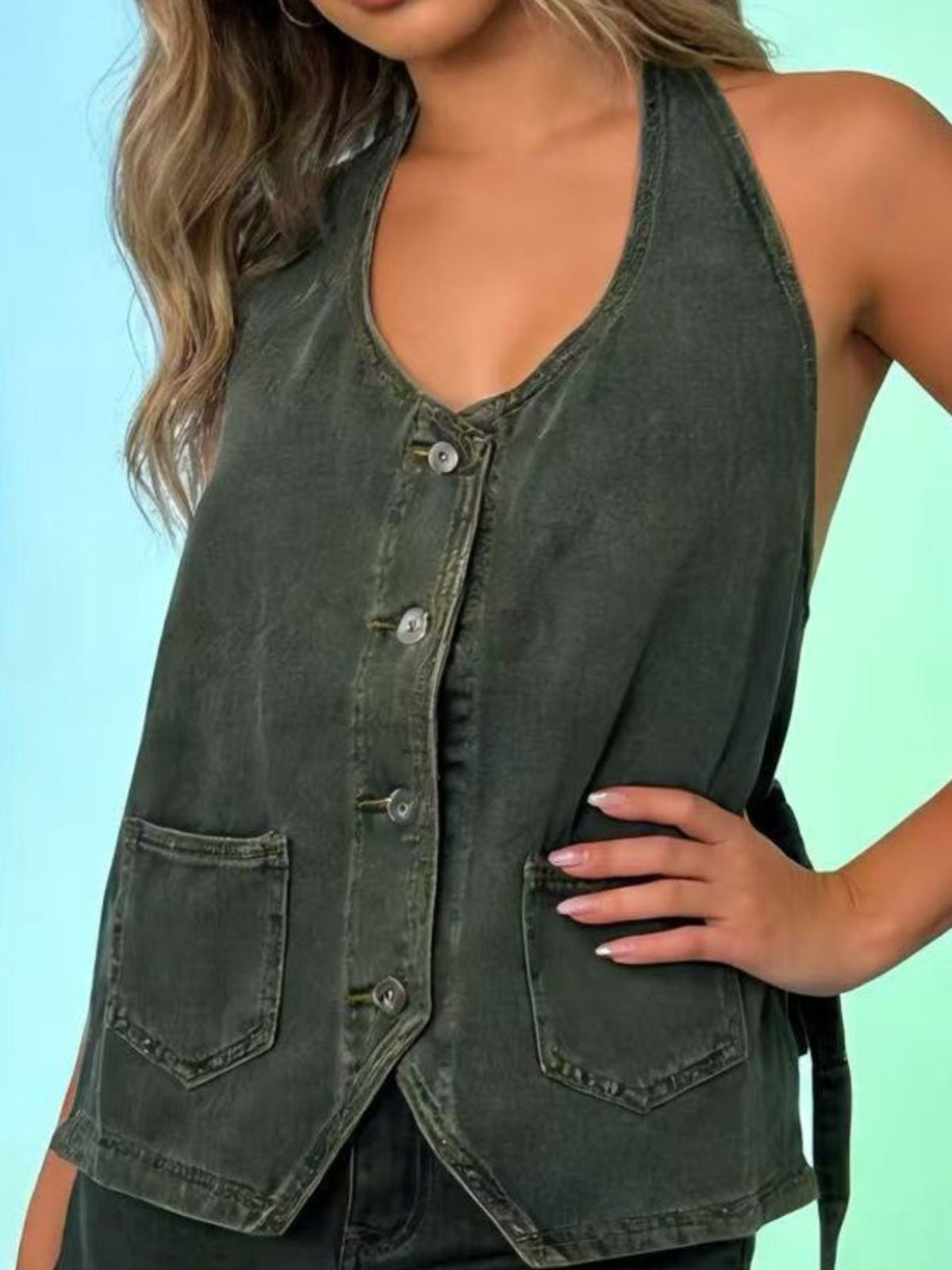 Halter Neck Button Down Denim Vest in Dark Blue view 8