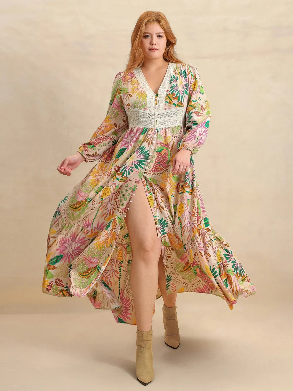 apricot lace printed balloon sleeve plus size maxi dress side view