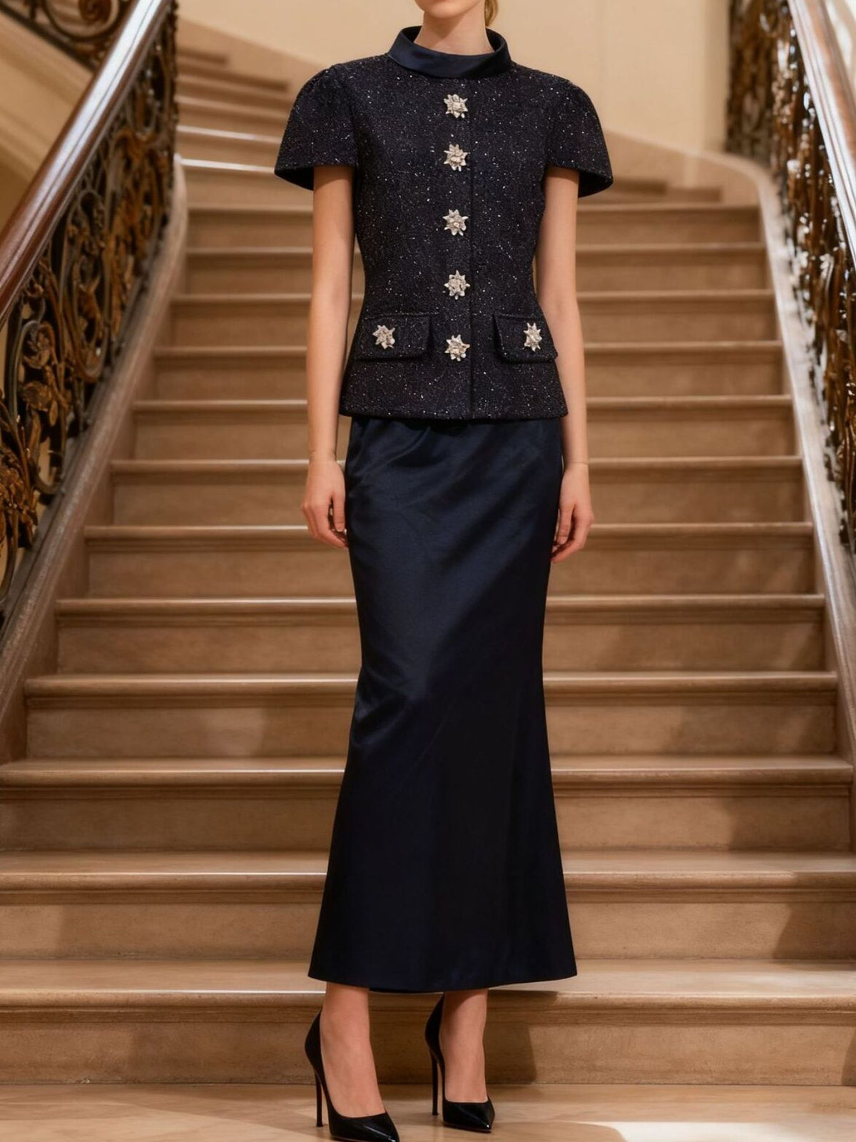 Navy tweed jacket and satin skirt two piece set front view