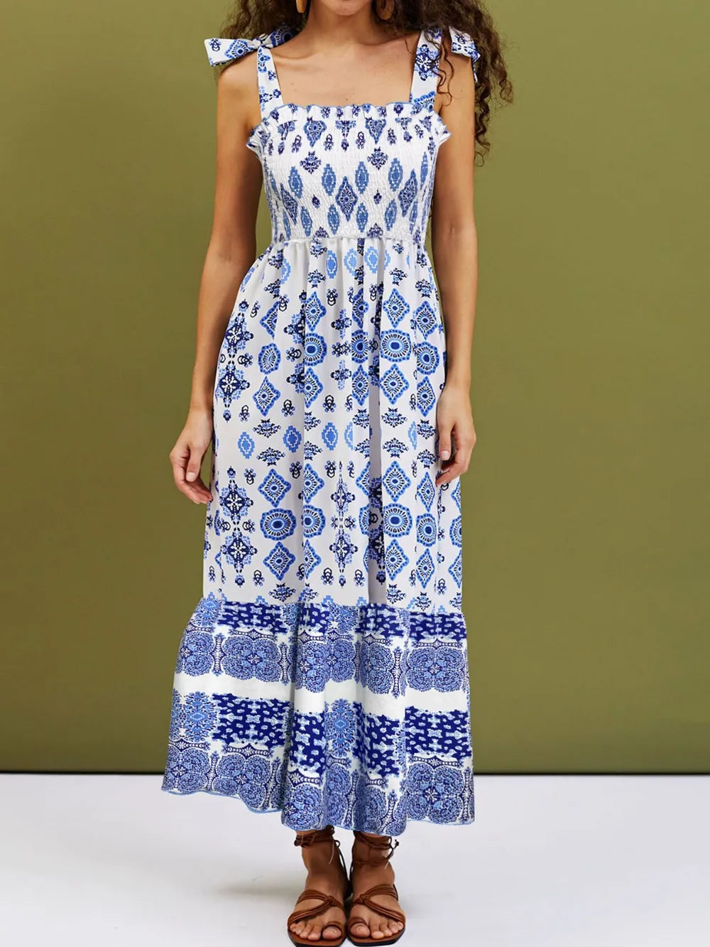 Smocked square neck cami maxi dress in white detail view