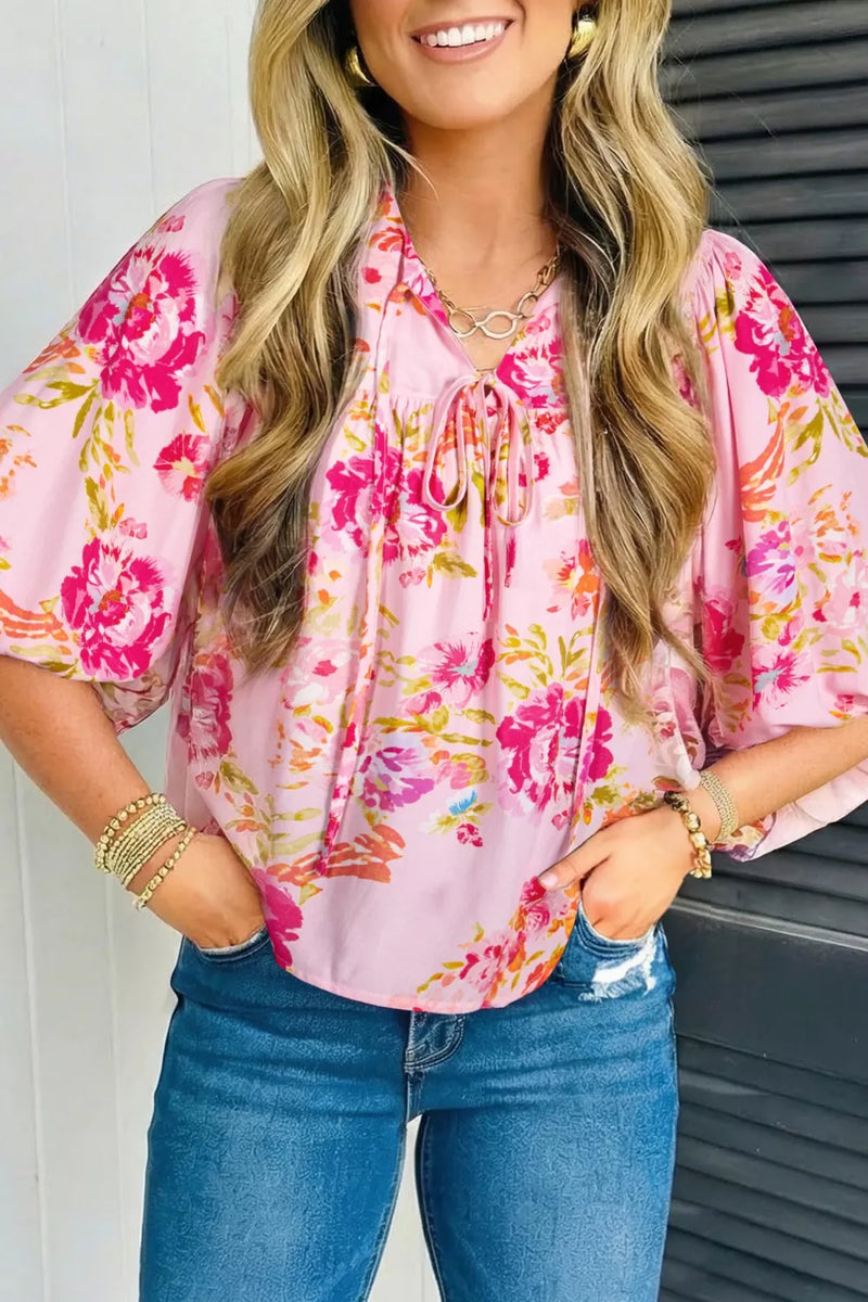 Dusty pink floral tie neck blouse front view