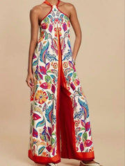Printed Halter Wide-Leg Jumpsuit Red - Fashorio