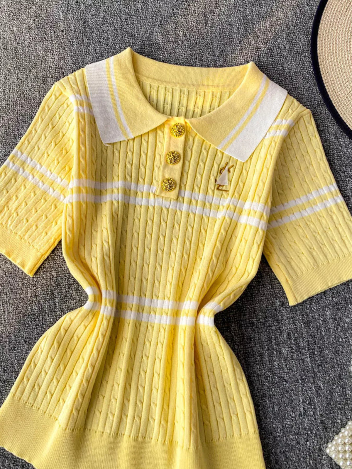 White striped knit polo collar top front view
