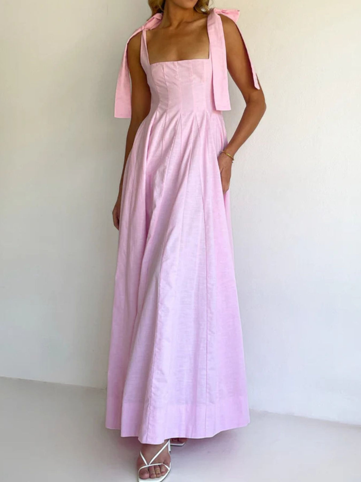 Gradient tie shoulder maxi dress fabric detail