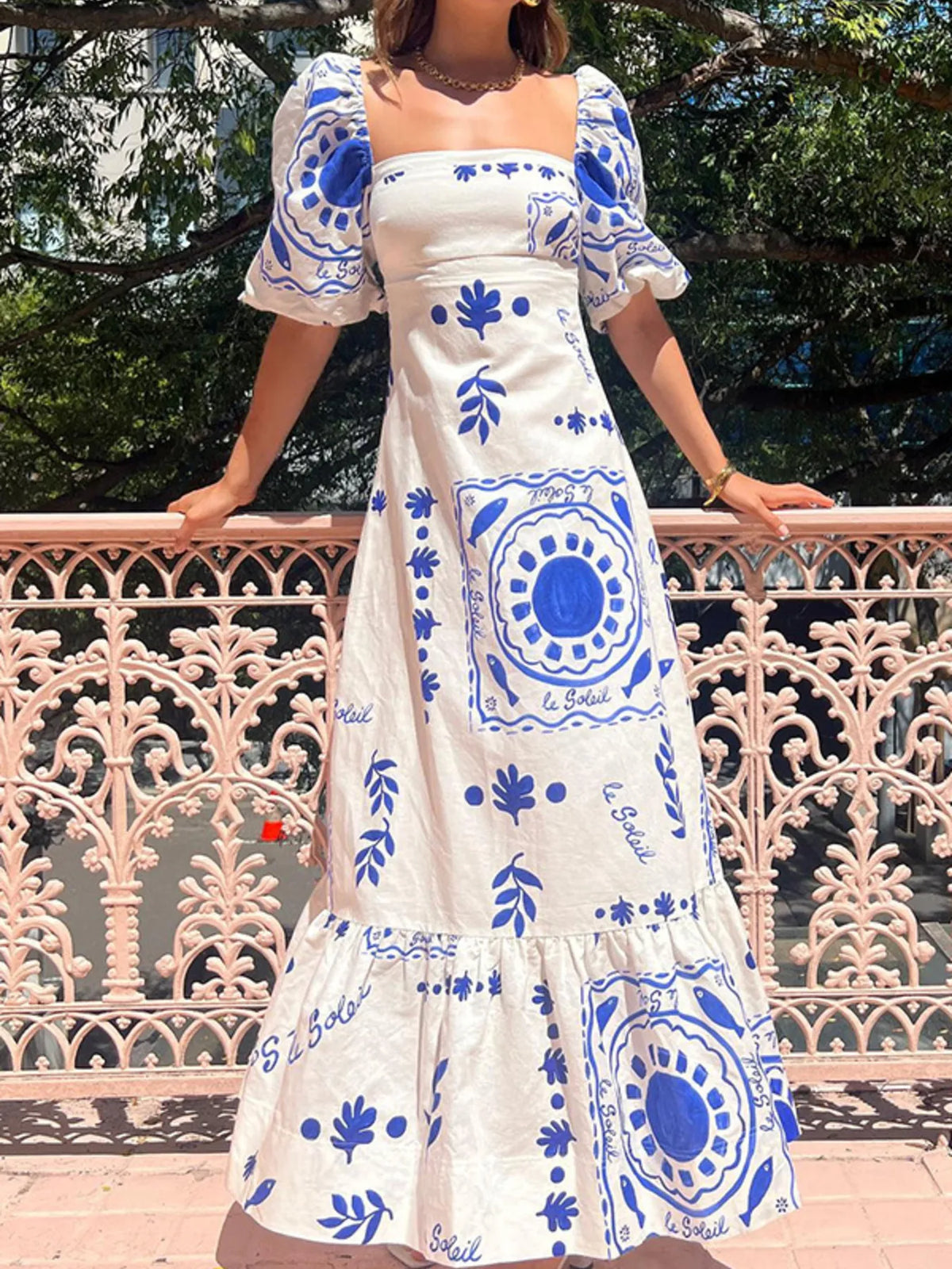 Floral square neck maxi dress angled view