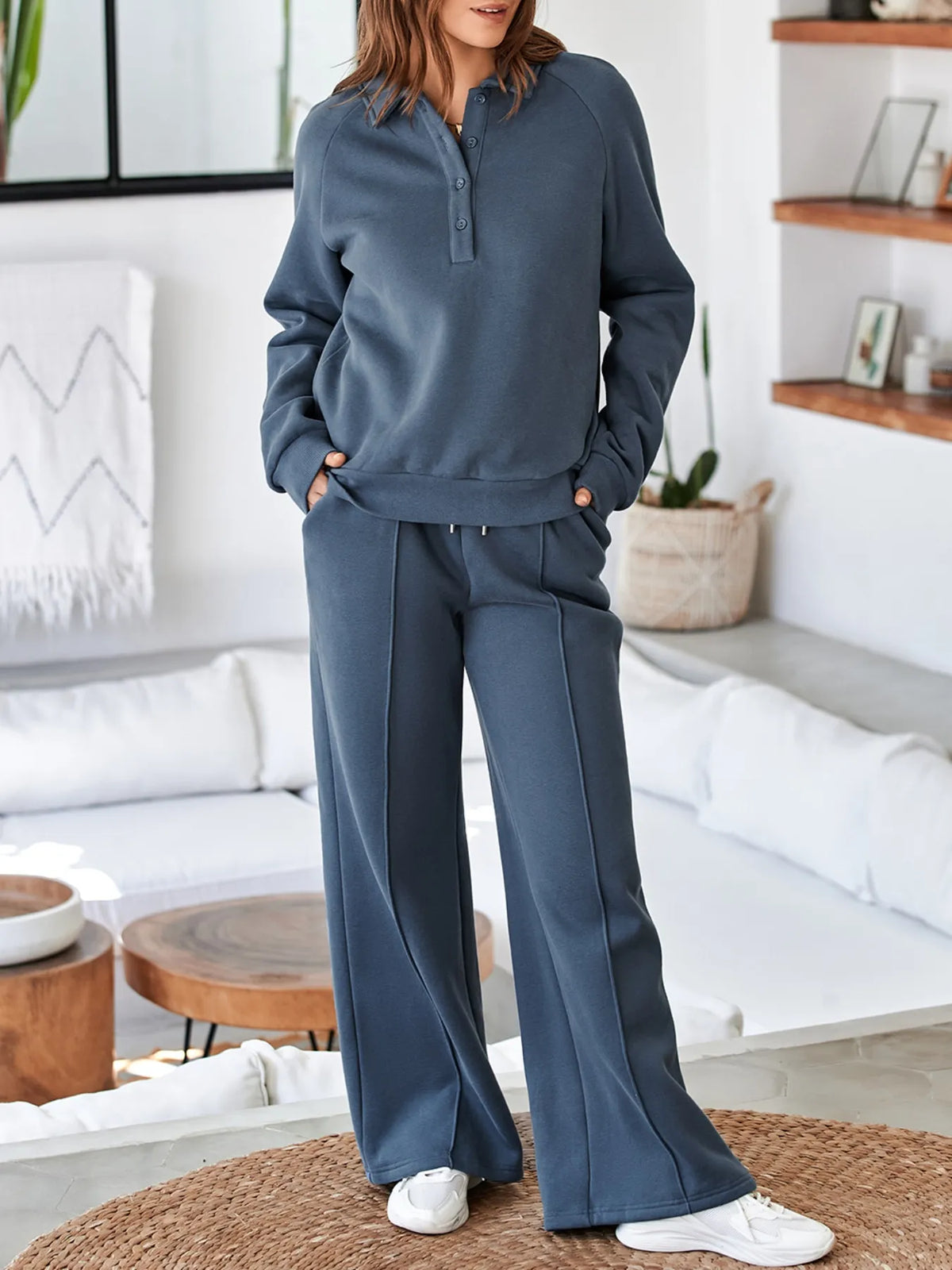 Collared Sweatshirt and High Waist Pants Active Set view 16