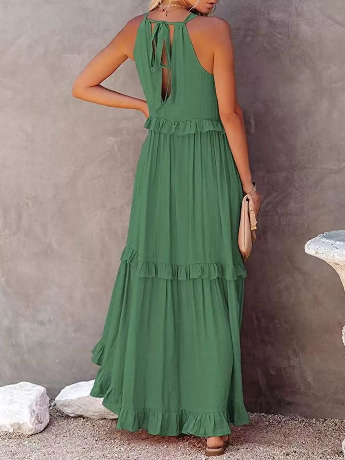 Ruffled tiered sleeveless maxi dress full length view