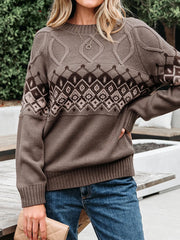 Geometric Round Neck Long Sleeve Sweater Coffee Brown - Fashorio