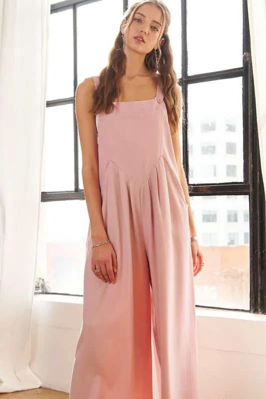 Square Neck Wide Leg Overalls with Pockets on model