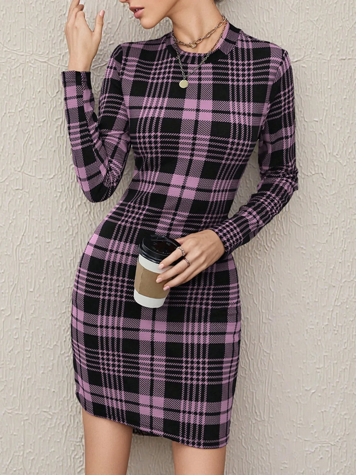 Plaid Long Sleeve Bodycon Mini Dress in Caramel view 8