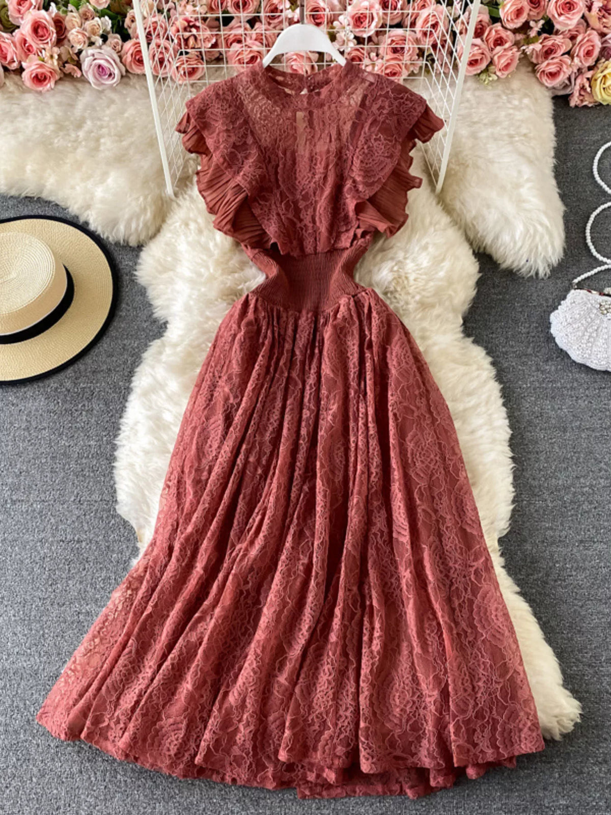 Ruffled mock neck lace maxi dress, front view