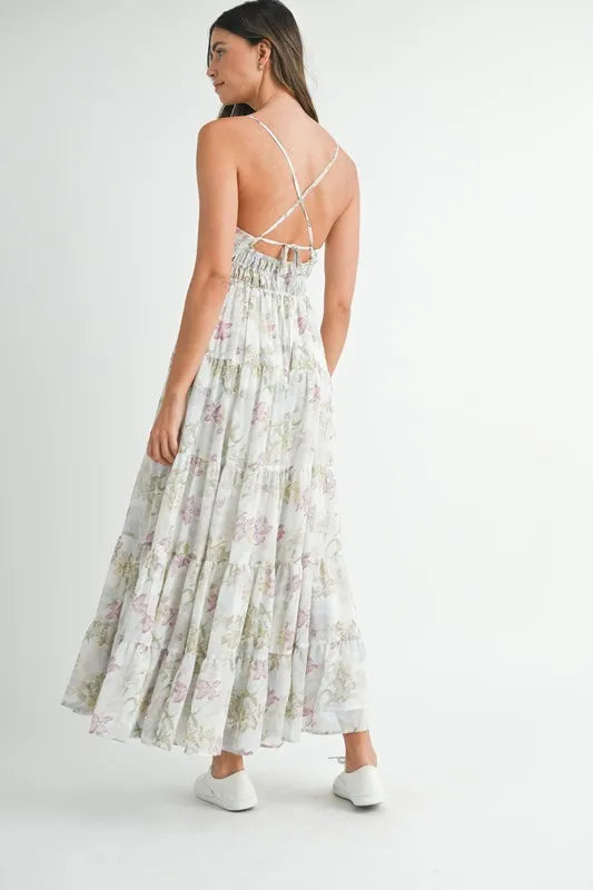 green floral tiered cami maxi dress neckline detail