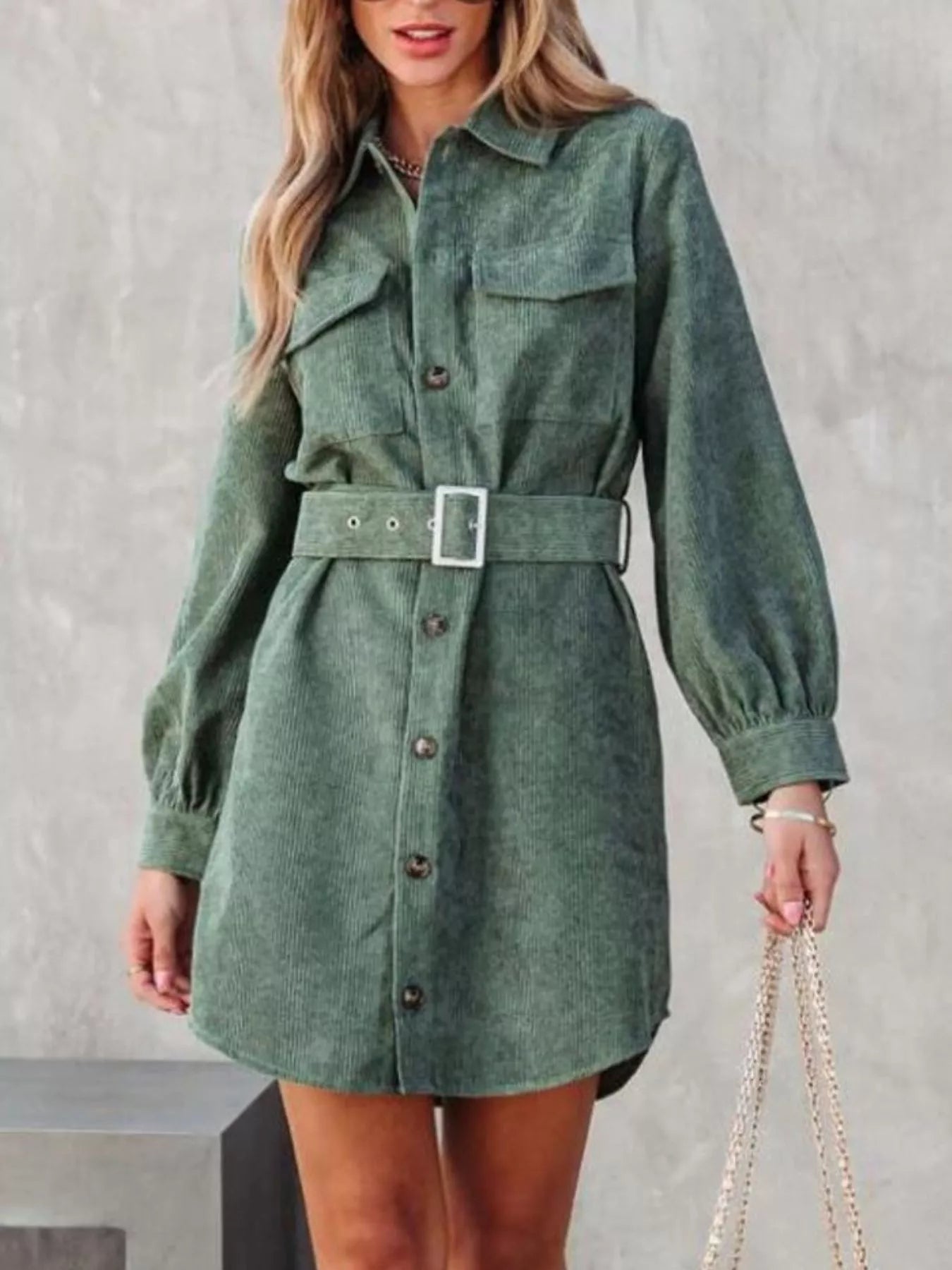 Button Front Belt Long Sleeve Corduroy Dress - Fashorio