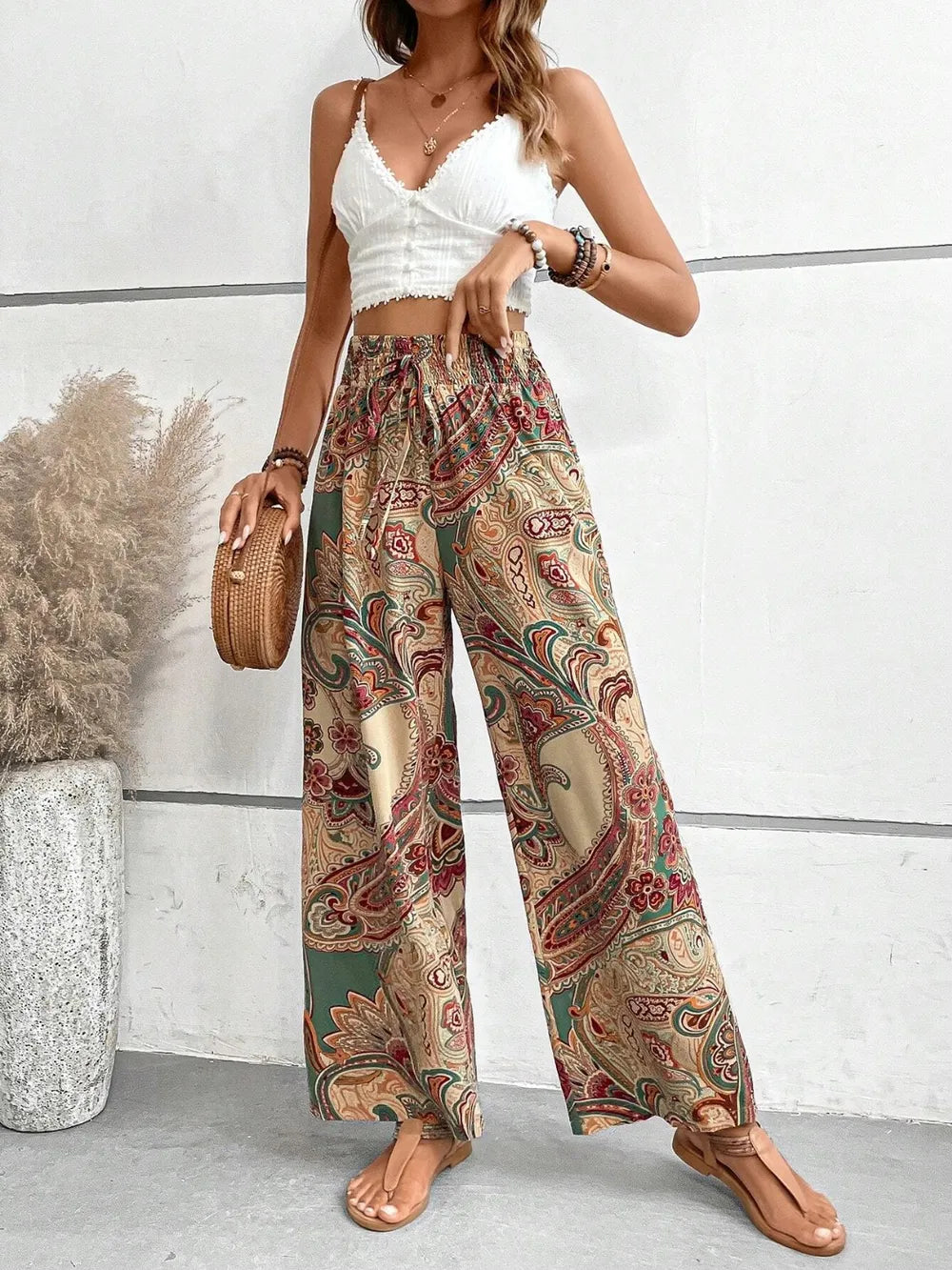 Printed tie waist wide leg pants dark blue colorway