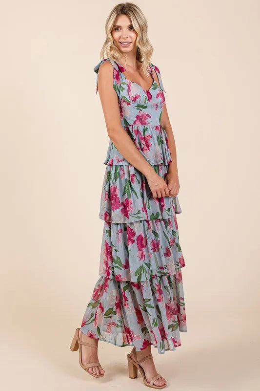Ruffled tiered floral maxi dress full length