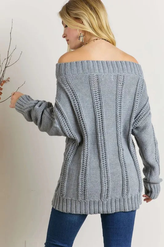 Cable Knit Off Shoulder Sweater in Gray back view