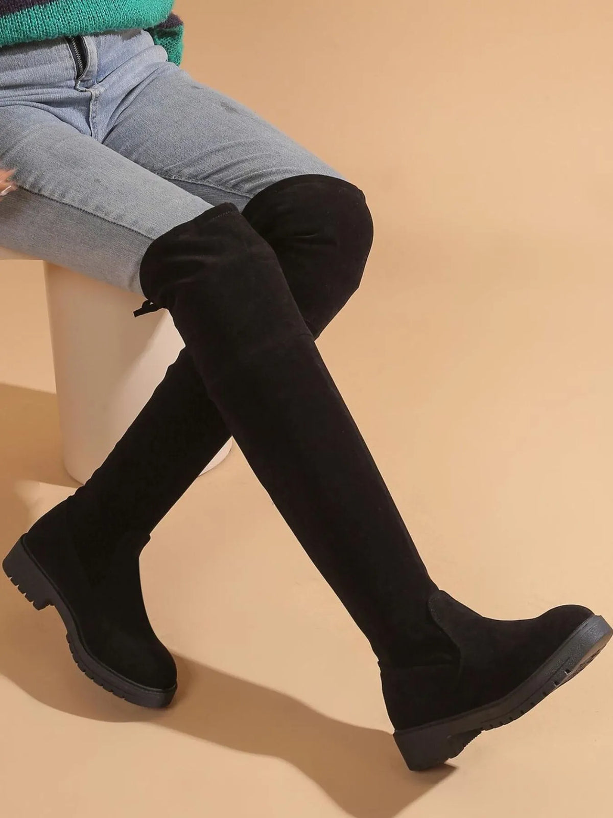 black black over the knee block heel boots back view