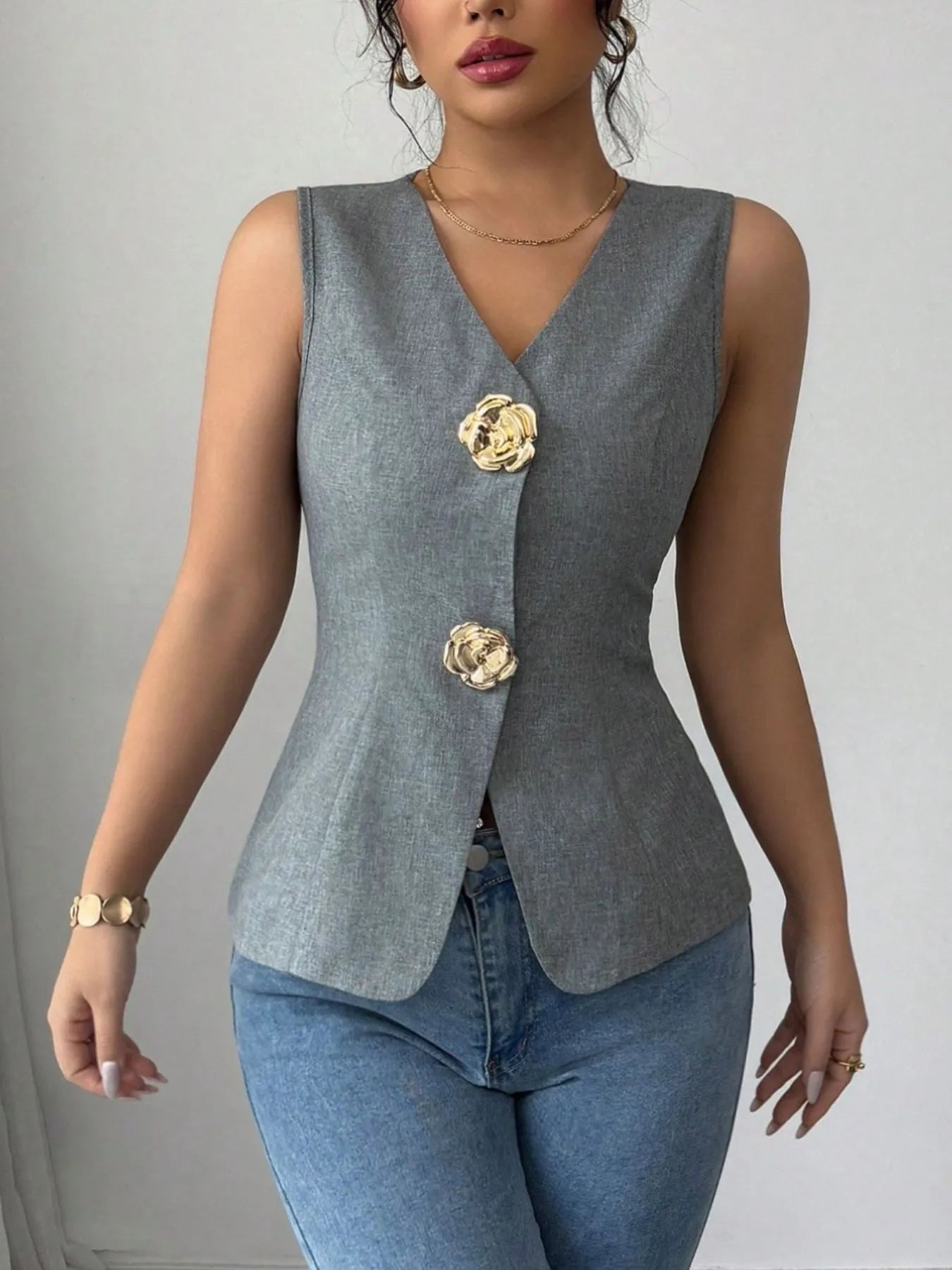 V-Neck Button Detail Tank Top Dark Gray - Fashorio