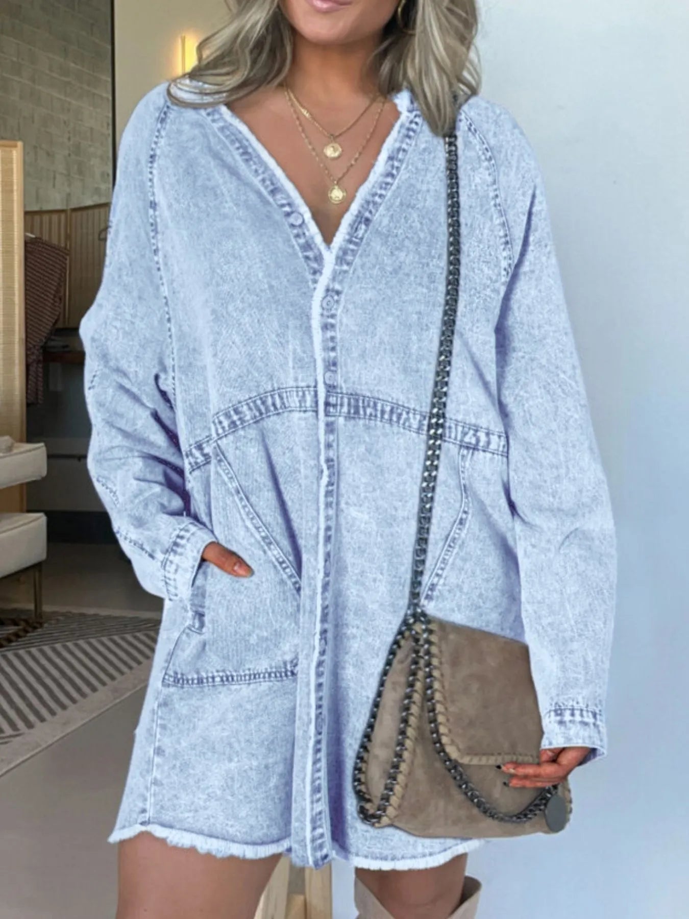 Full Size Button-Front Long Sleeve Denim Shirt Dress Plus Size Light Blue - Fashorio