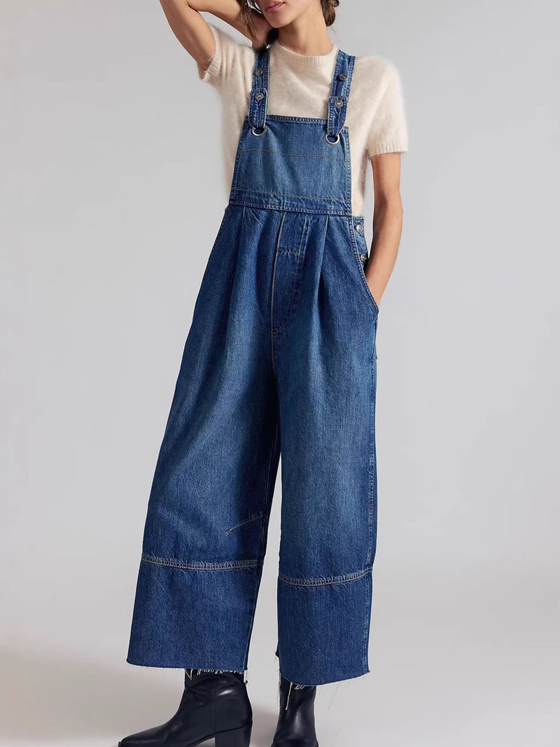Raw hem wide leg denim overalls front view