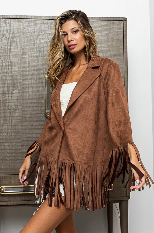 BiBi Single Blazer with Fringed Hem MOCHA - Fashorio