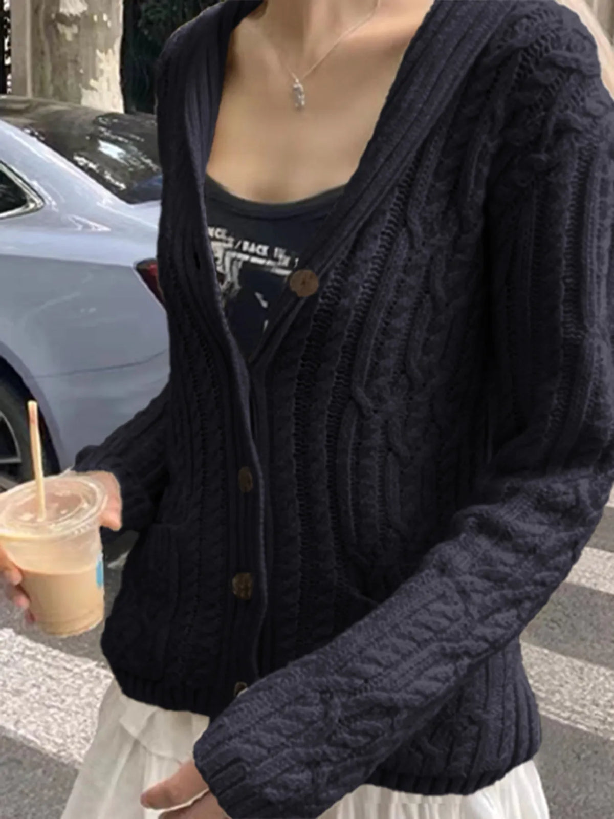 cable knit button up cardigan shoulder detail