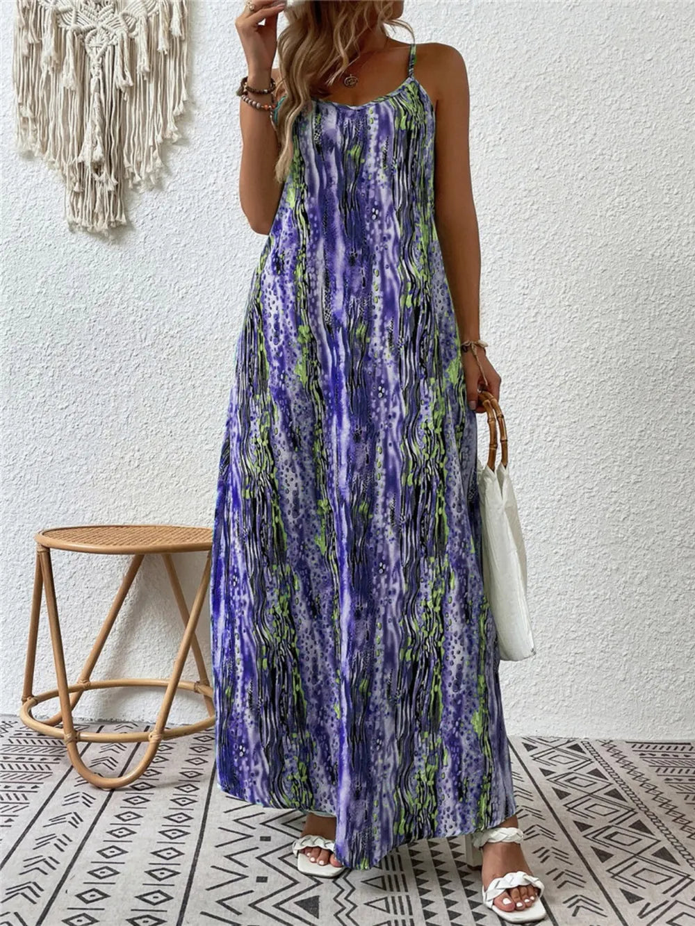 Printed scoop neck maxi cami dress neckline detail