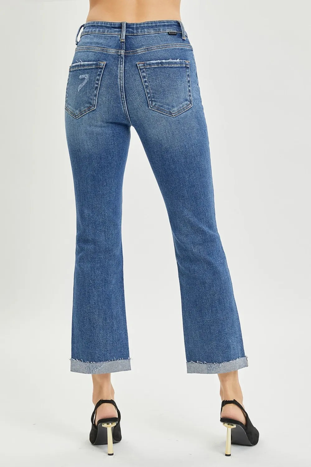 Dark wash bootcut jeans side profile