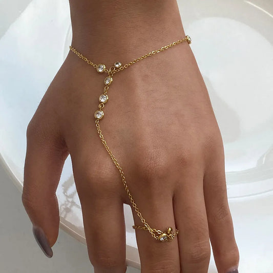 18K Gold-Plated Inlaid Rhinestone Chain Bracelet Gold One Size - Fashorio