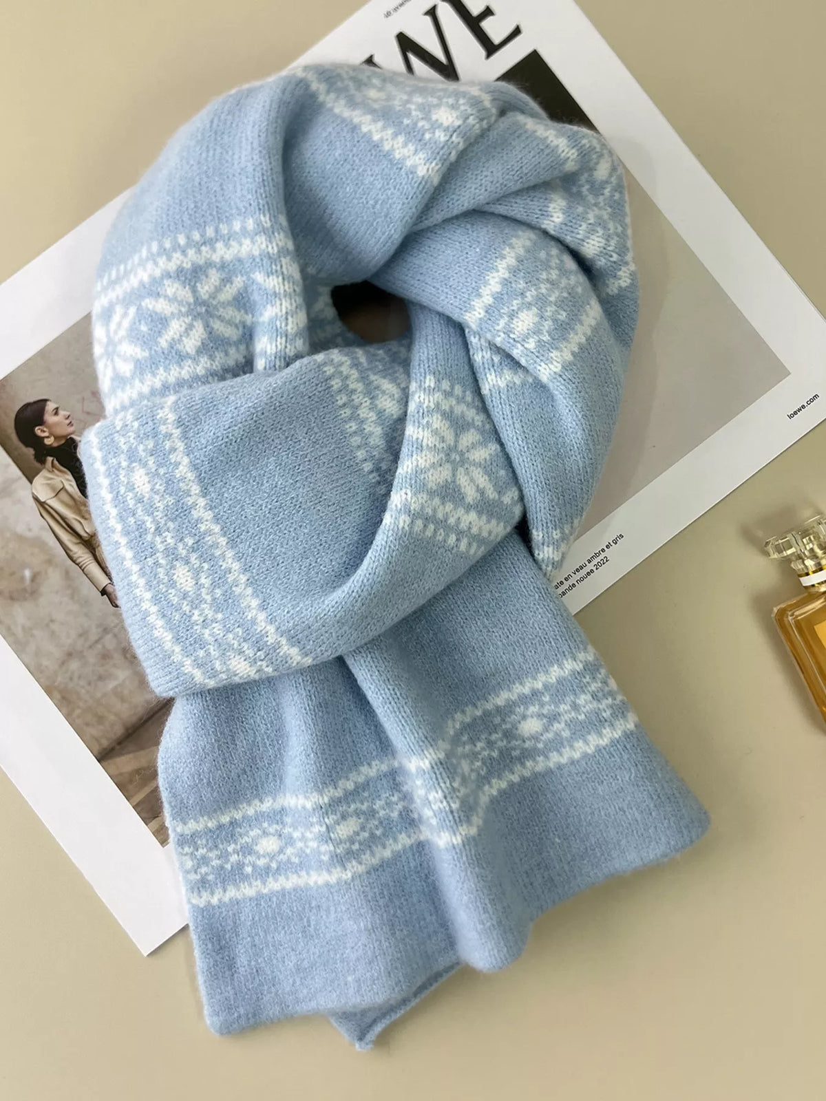Cozy snowflake scarf shown at full length