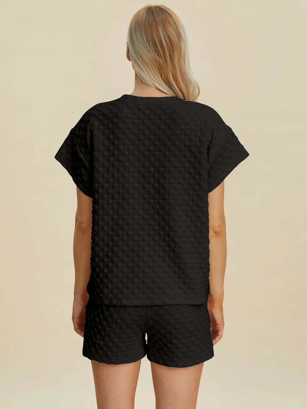 Styled view of the texture tee and shorts set