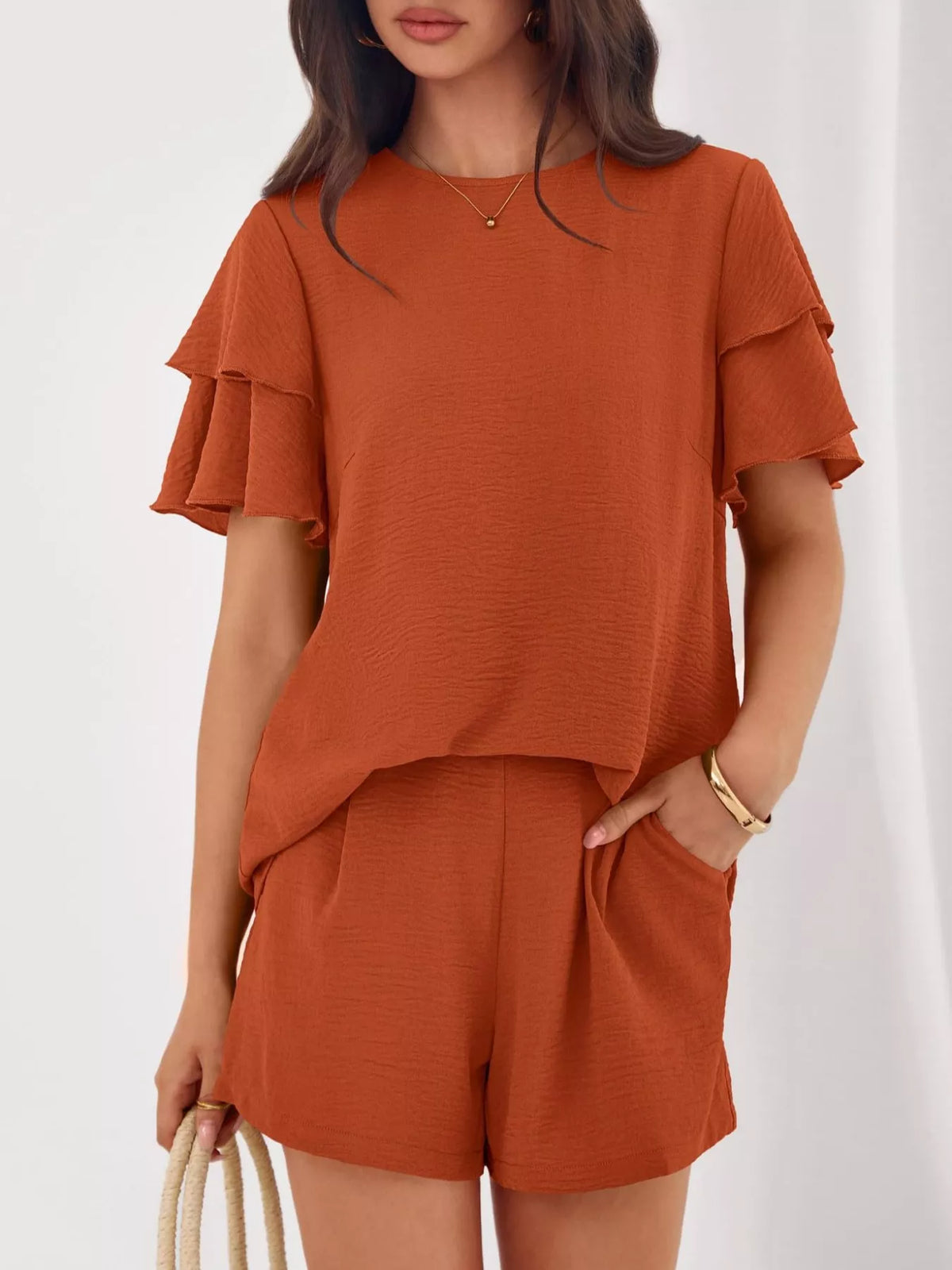 Ruffle top and shorts set full outfit