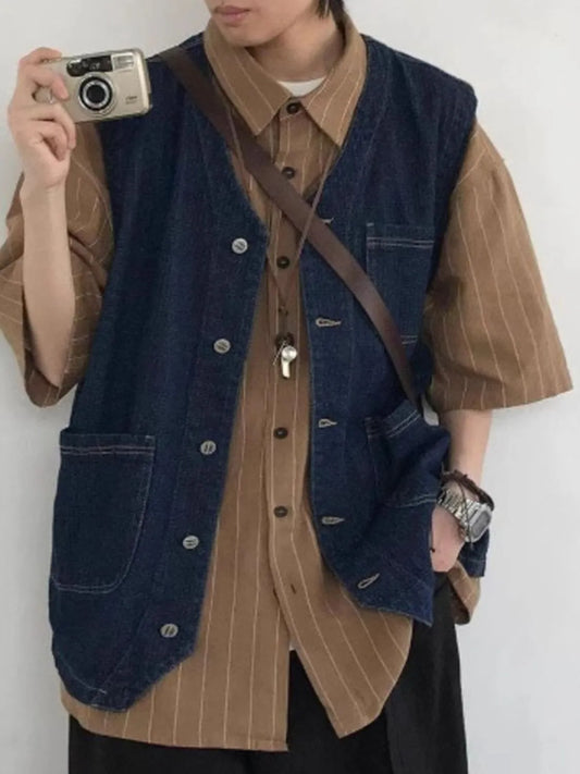 Men's Plus Size Button Up V-Neck Denim Vest Dark Blue - Fashorio