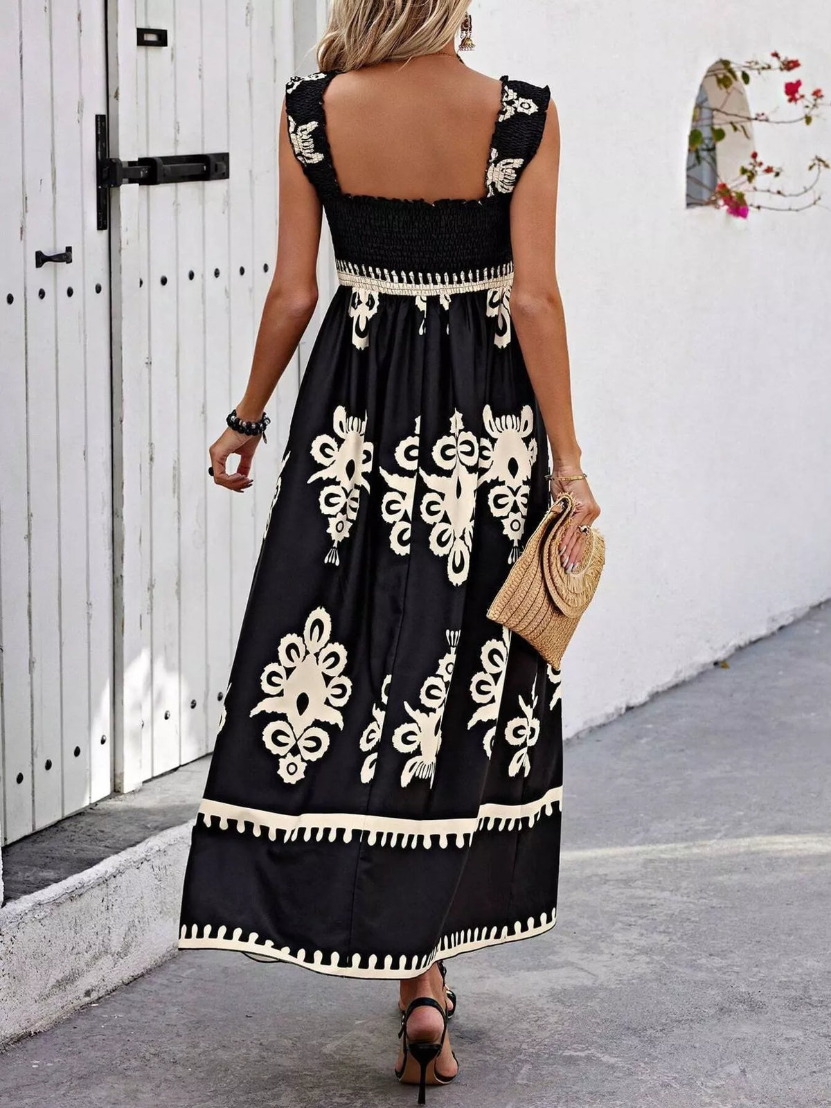 printed square neck smocked maxi dress side view