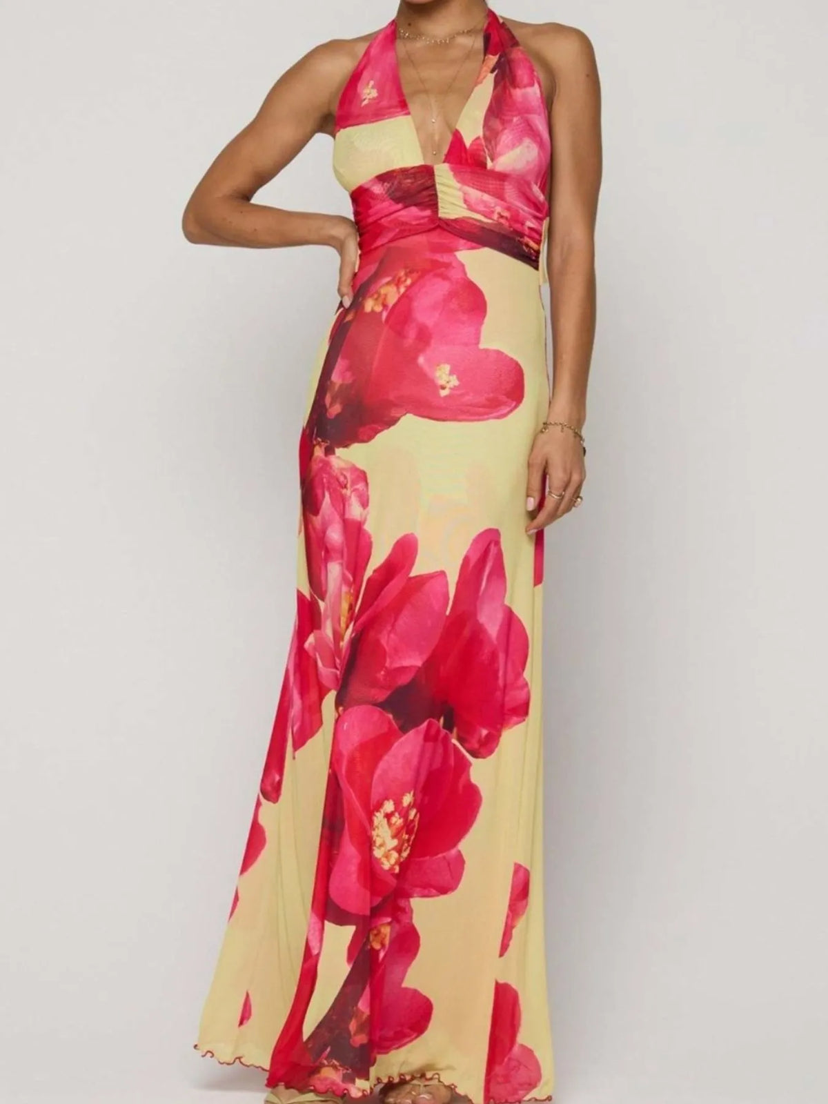 floral halter deep v maxi dress side view