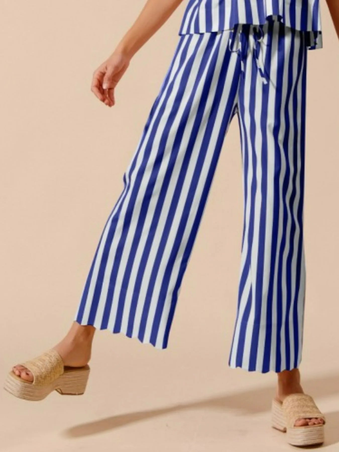 SO ME Front Tie Stripe Puff Sleeves Top and Wide Leg Pants Set - Fashorio