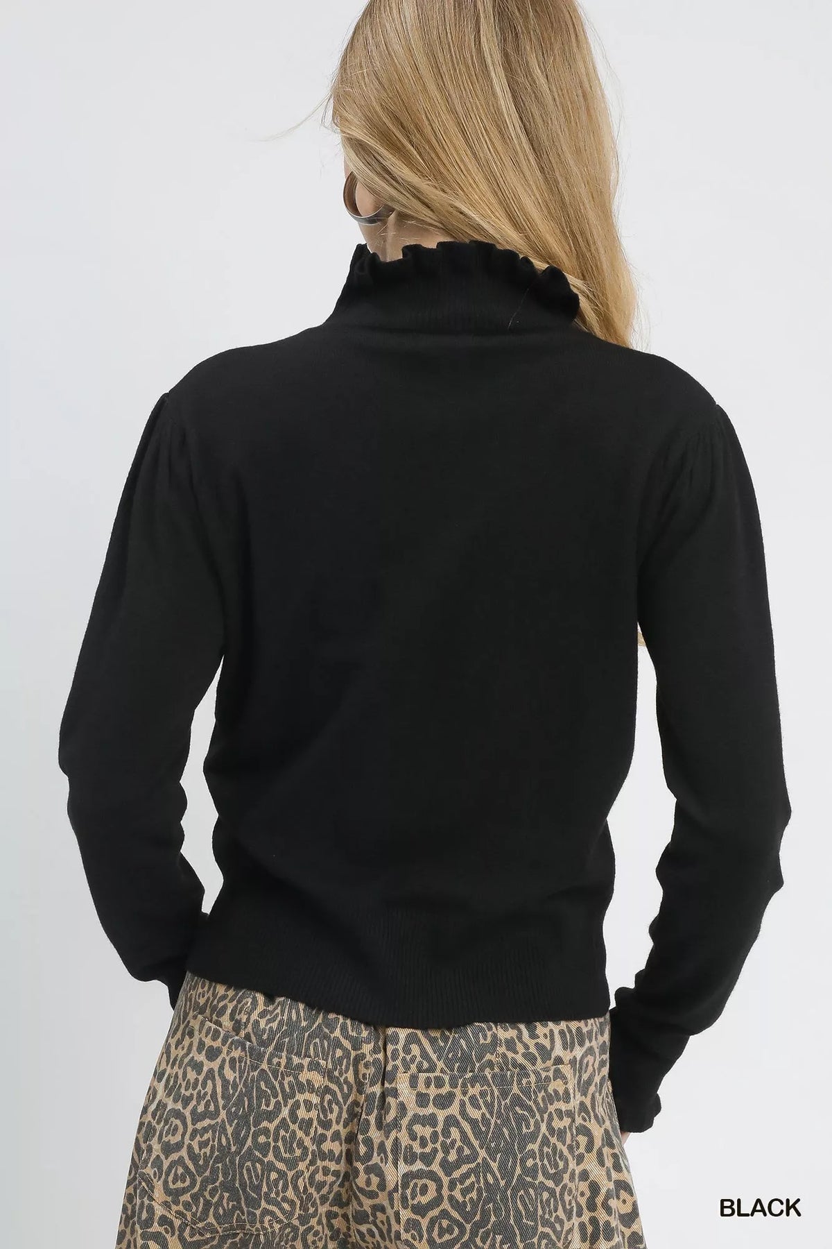Ruffle Mock Neck Puff Sleeve Sweater in Black side view