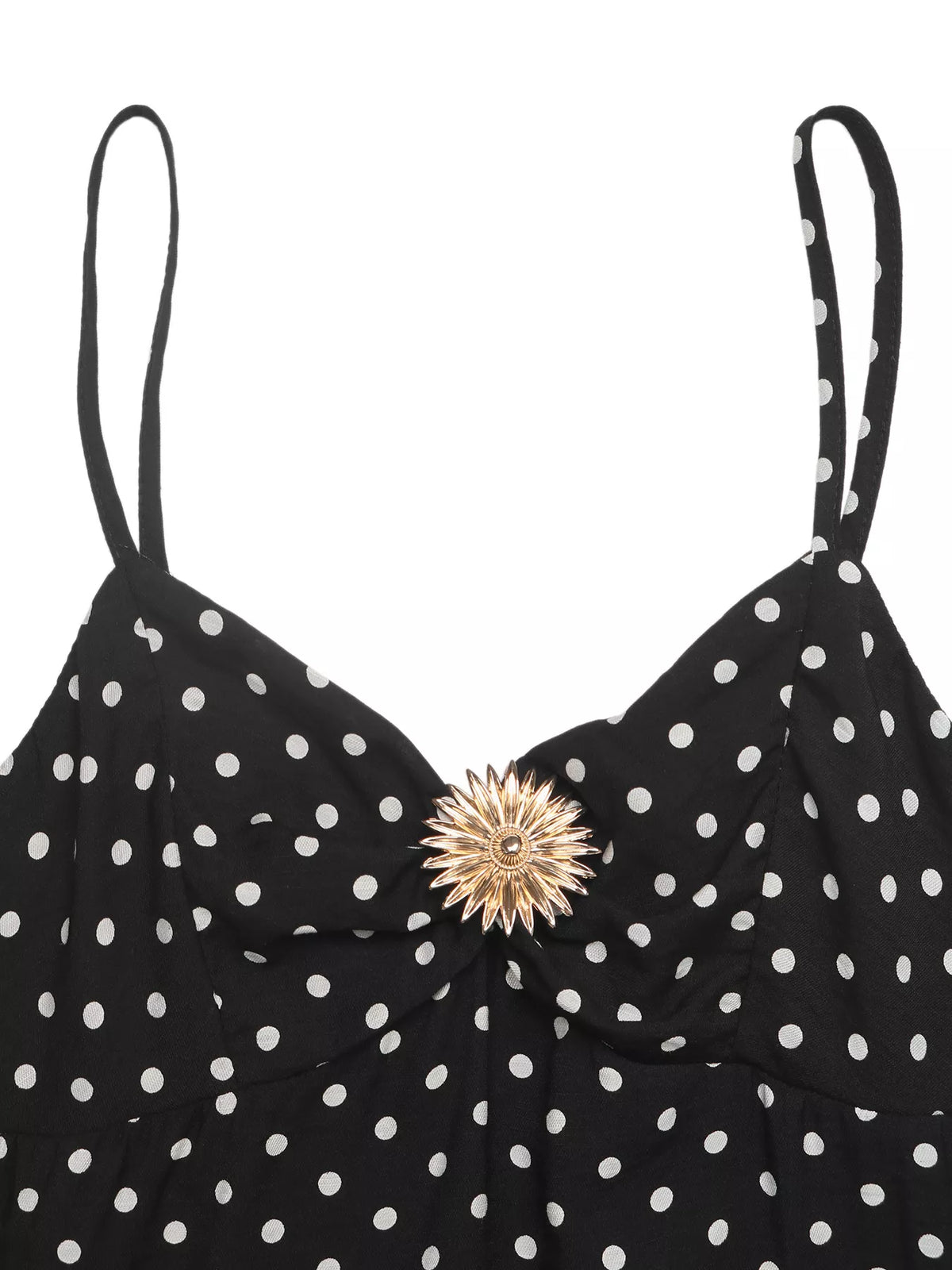 Black polka dot spaghetti strap ruffle hem dress front view