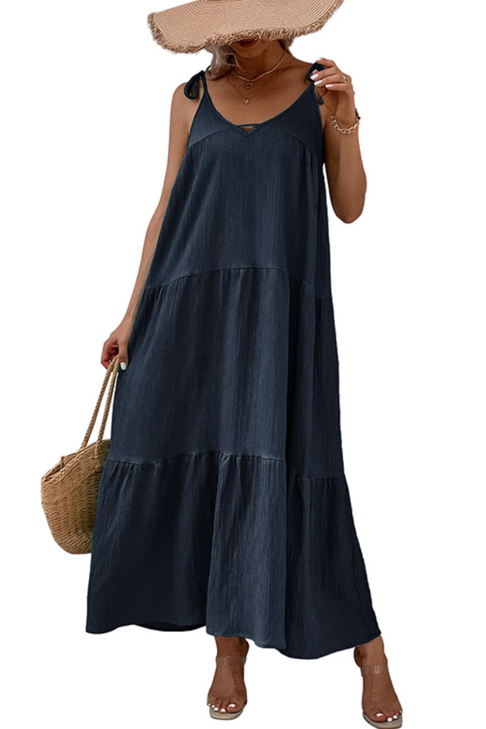 Tie shoulder tiered sleeveless maxi dress styled look