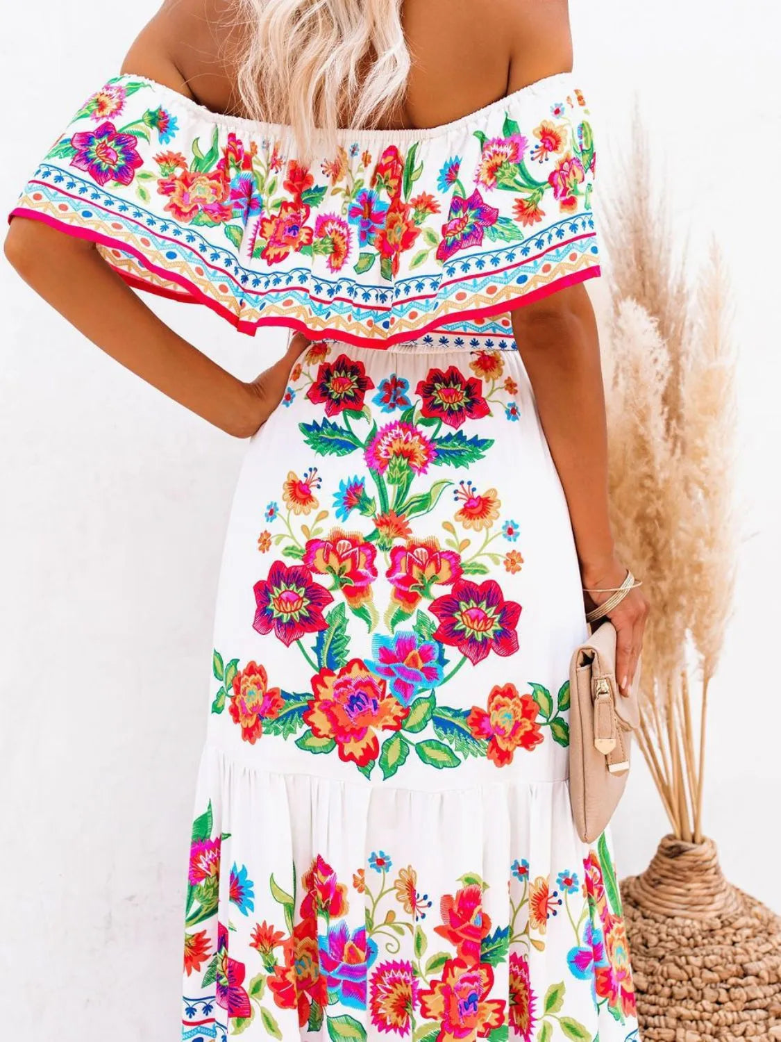 Floral off shoulder ruffle maxi dress back view